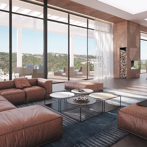 Moderní obývací pokoj s velkými okny a koženou sedací soupravou