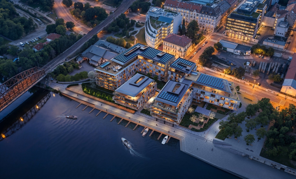 Bay Residences Prague – letecký pohled na projekt na smíchovském nábřeží